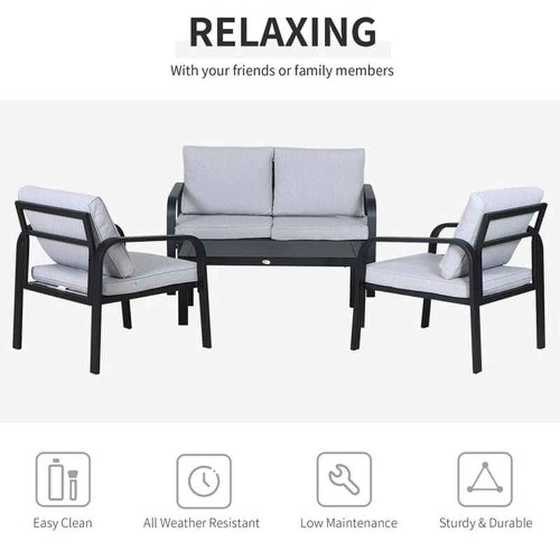 4 Pcs Aluminium Garden Dining Set W/ 2 Chairs,Glass Top Table,Cushions Black