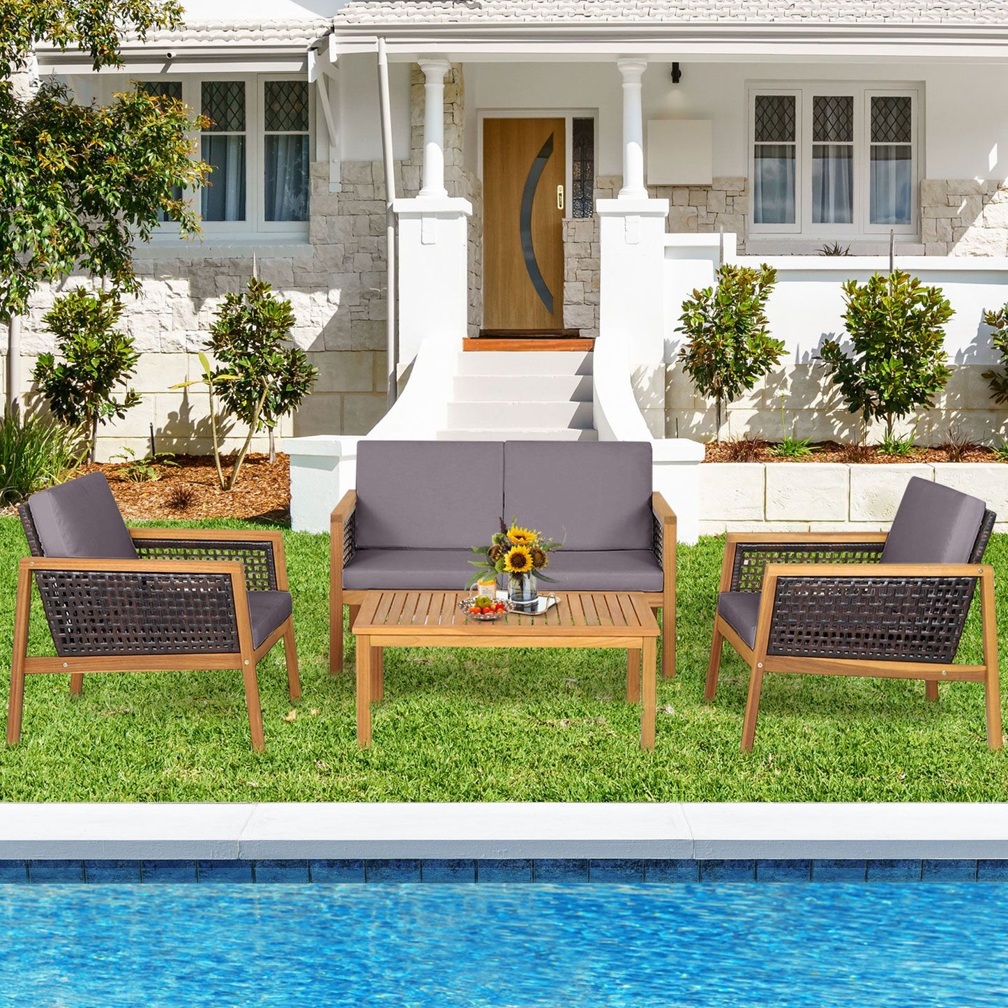 4-Piece Patio Acacia Wood Furniture Set with Removable Cushions