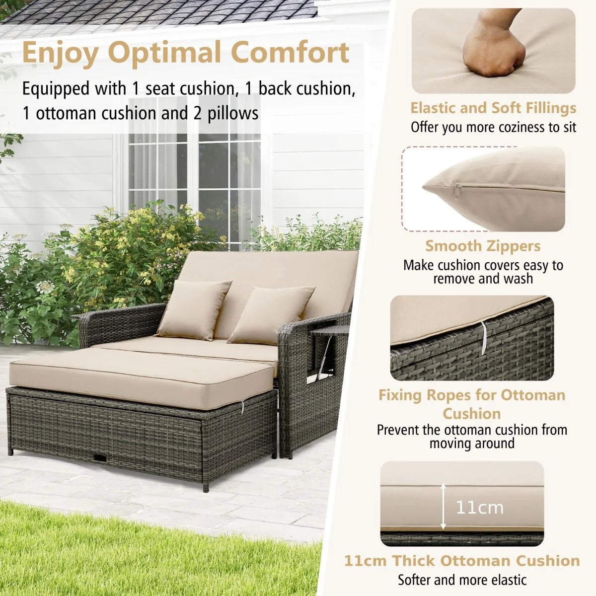 Patio Rattan Daybed Set with Multipurpose Ottoman and Retractable Side Tray