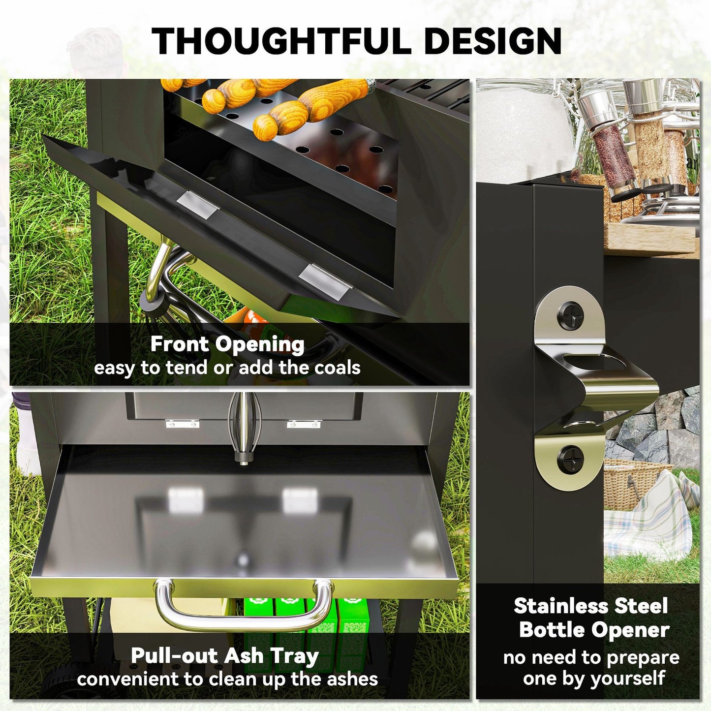 Charcoal BBQ Grill with Height Adjustable Charcoal Pan Outdoor Barbecue Smoker