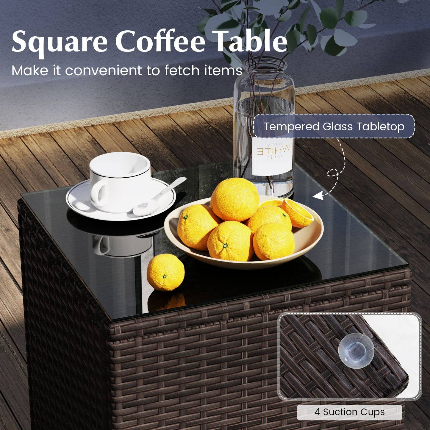3 Pieces Patio Rattan Furniture Set with Soft Cushions and Glass Top Table