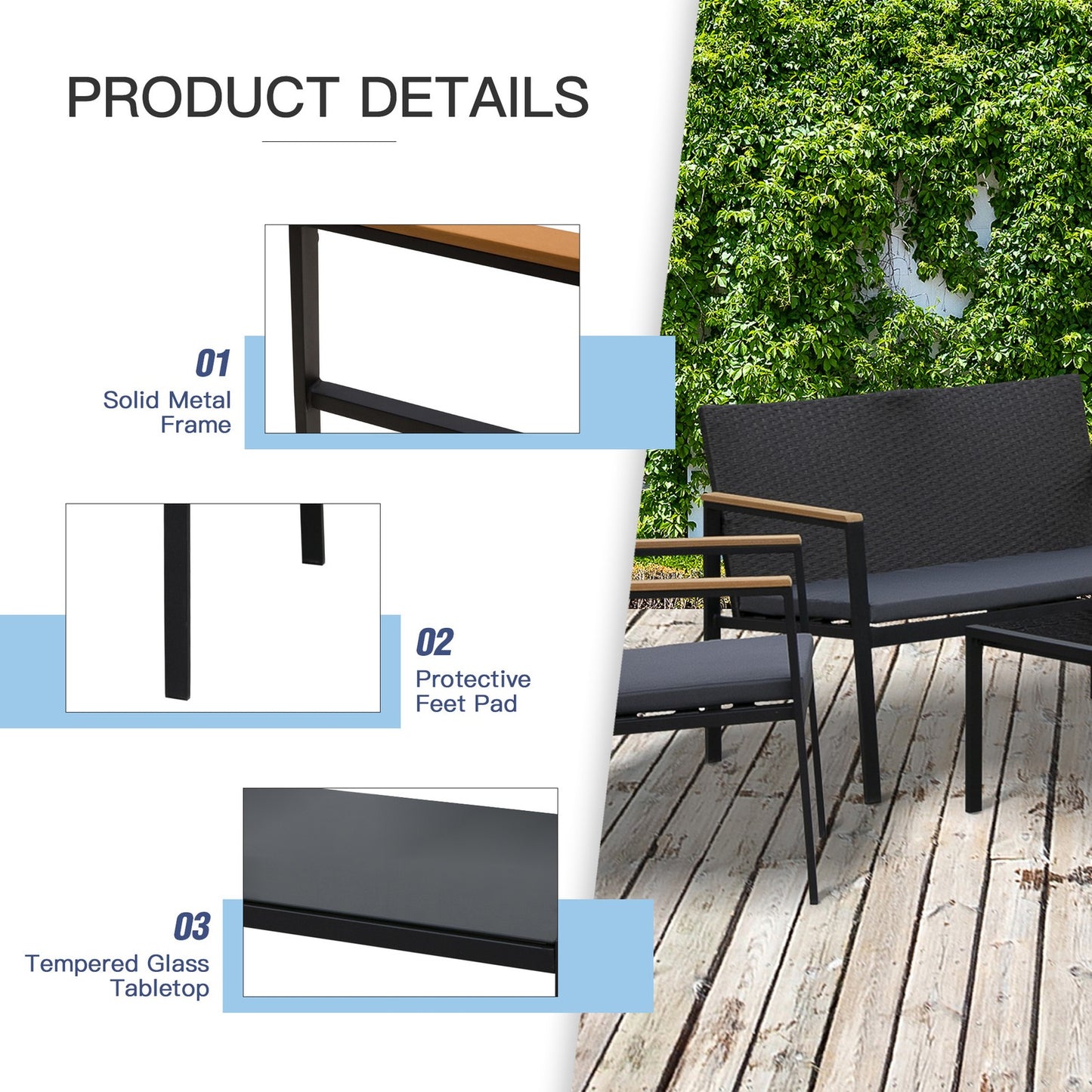 4 Pcs PE Rattan Furniture Set W/ 3 Cushioned Chairs Glass Tabletop Table, Black