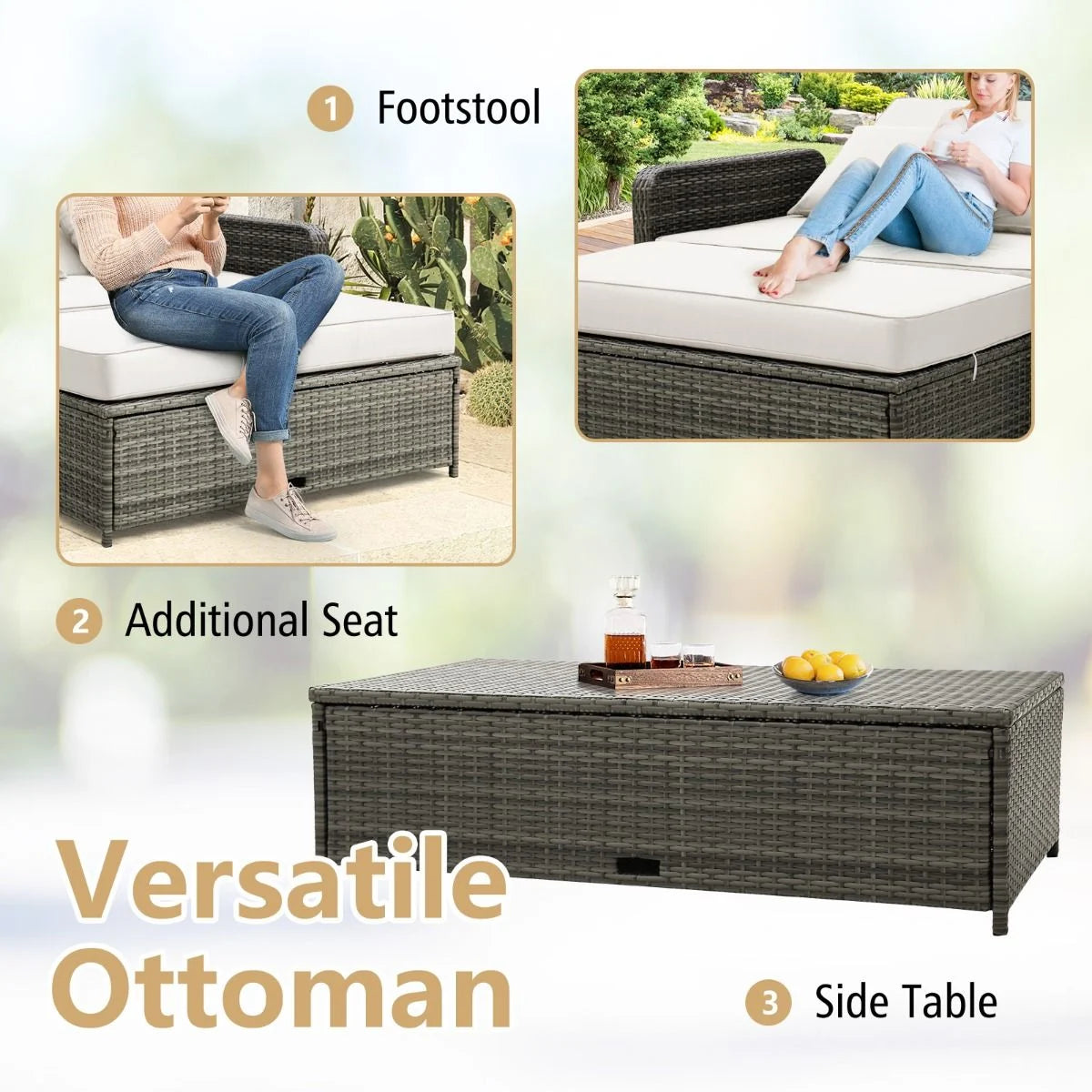 Patio Rattan Daybed Set with Multipurpose Ottoman and Retractable Side Tray