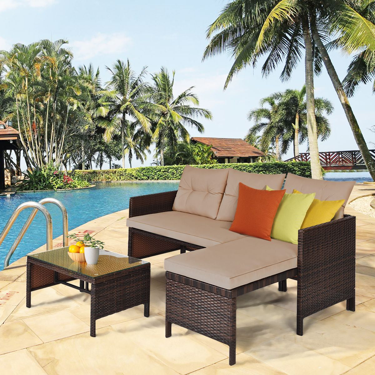 3 Pieces Patio Conversation Bistro Set with Washable Couch Cushion