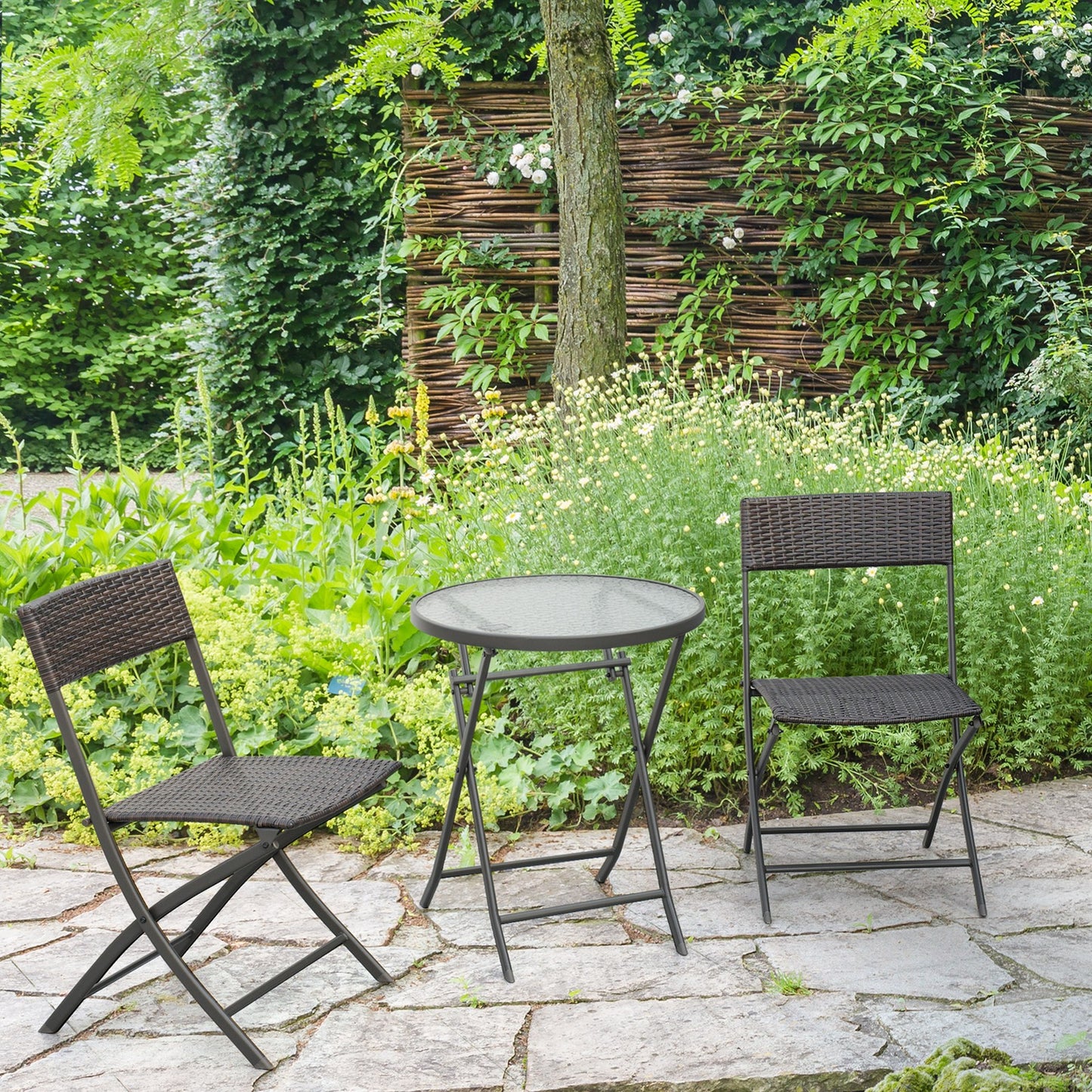 3 Pieces Bistro Set Rattan Furniture Garden Patio Square Table Steel Brown