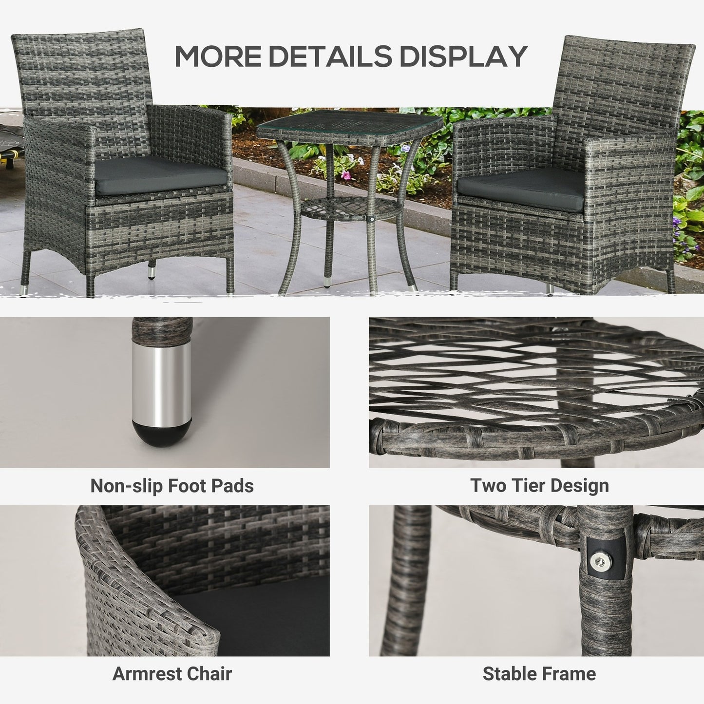 Outsunny Rattan Bistro Set Garden Chair Table Patio Outdoor, Mixed Grey