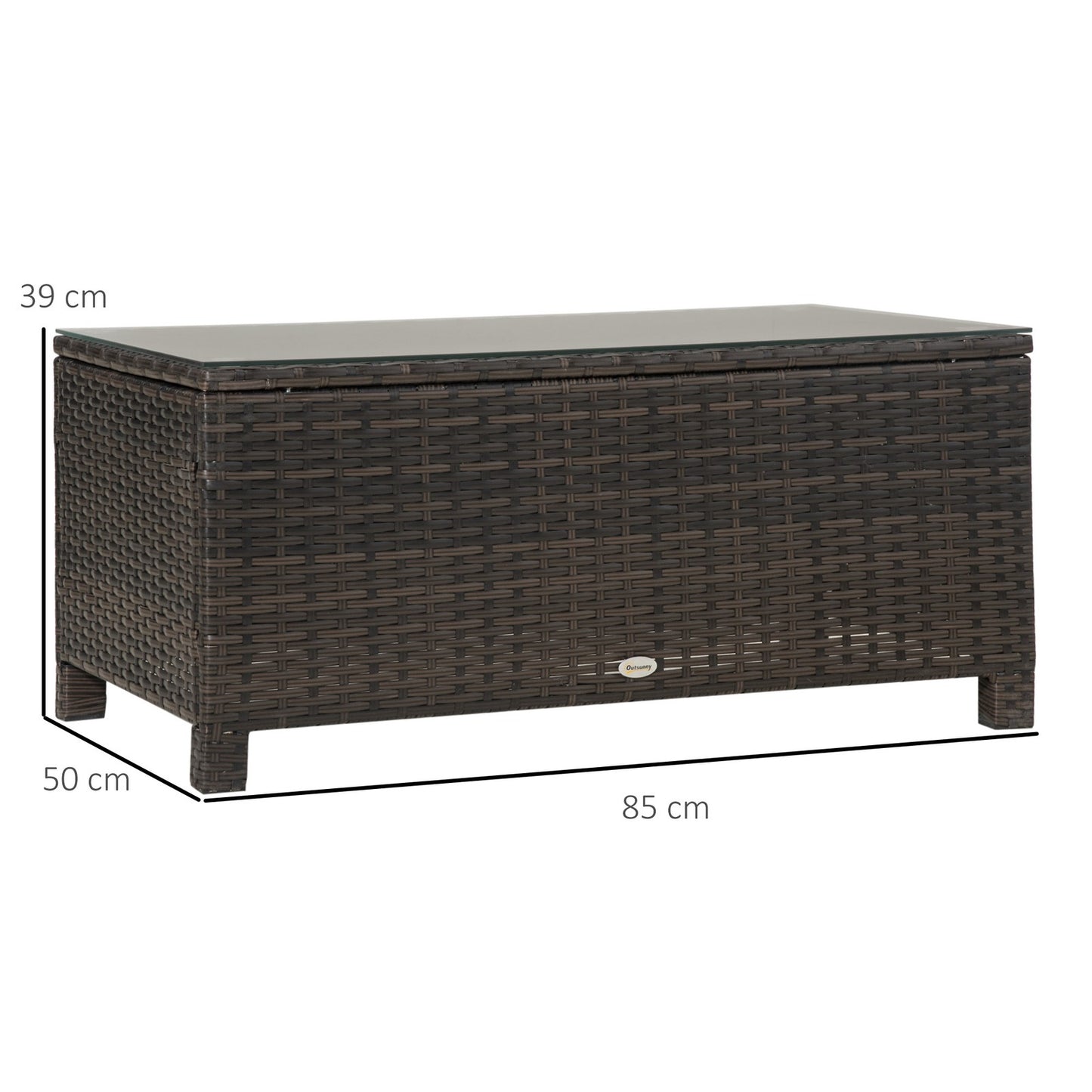 Outsunny Garden Rattan Side Table,Wicker Coffee Desk, Glass Top, Mixed Brown