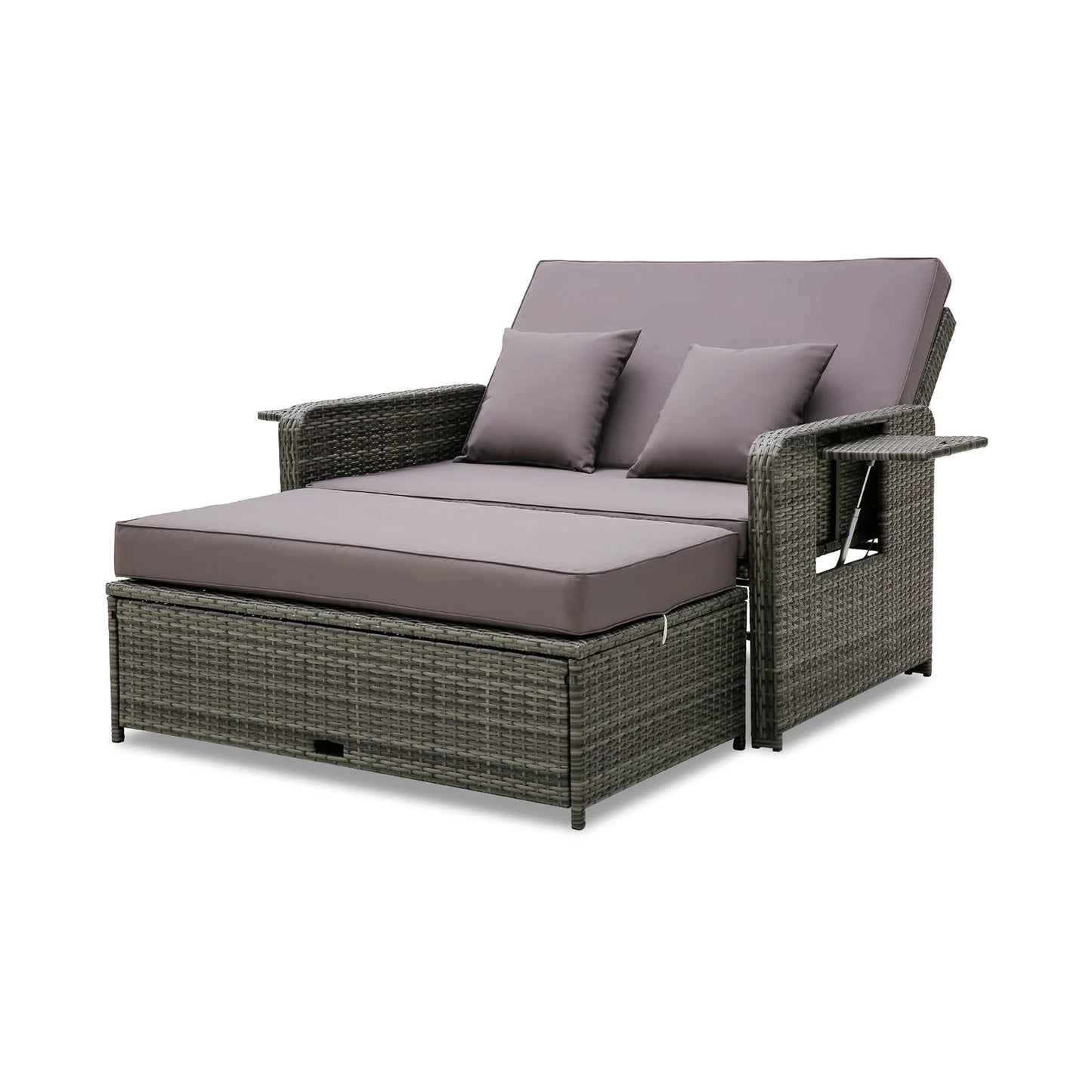 Patio Rattan Daybed Set with Multipurpose Ottoman and Retractable Side Tray