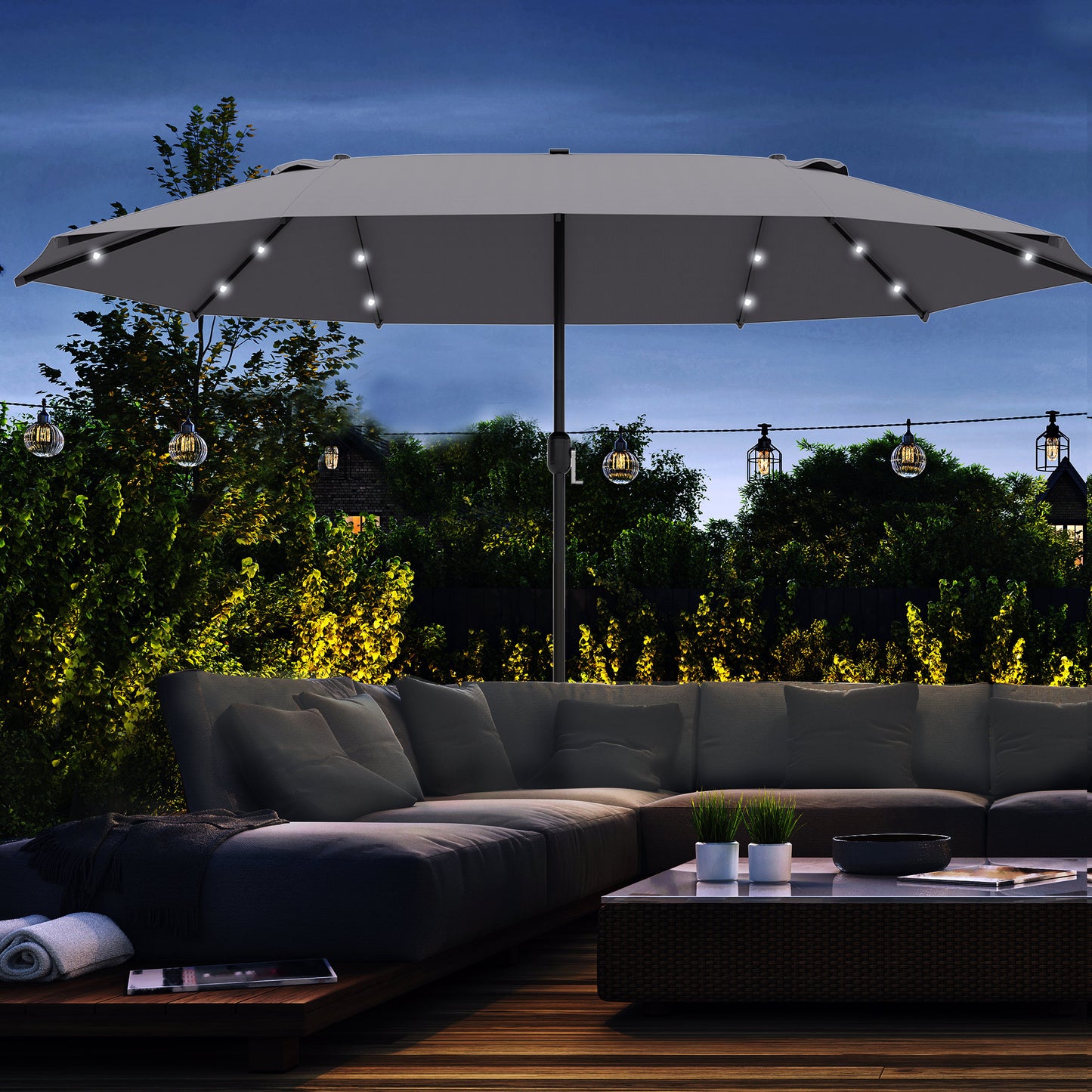 4.4M Double-Sided Sun Umbrella Patio Parasol with LED Solar Lights for Garden