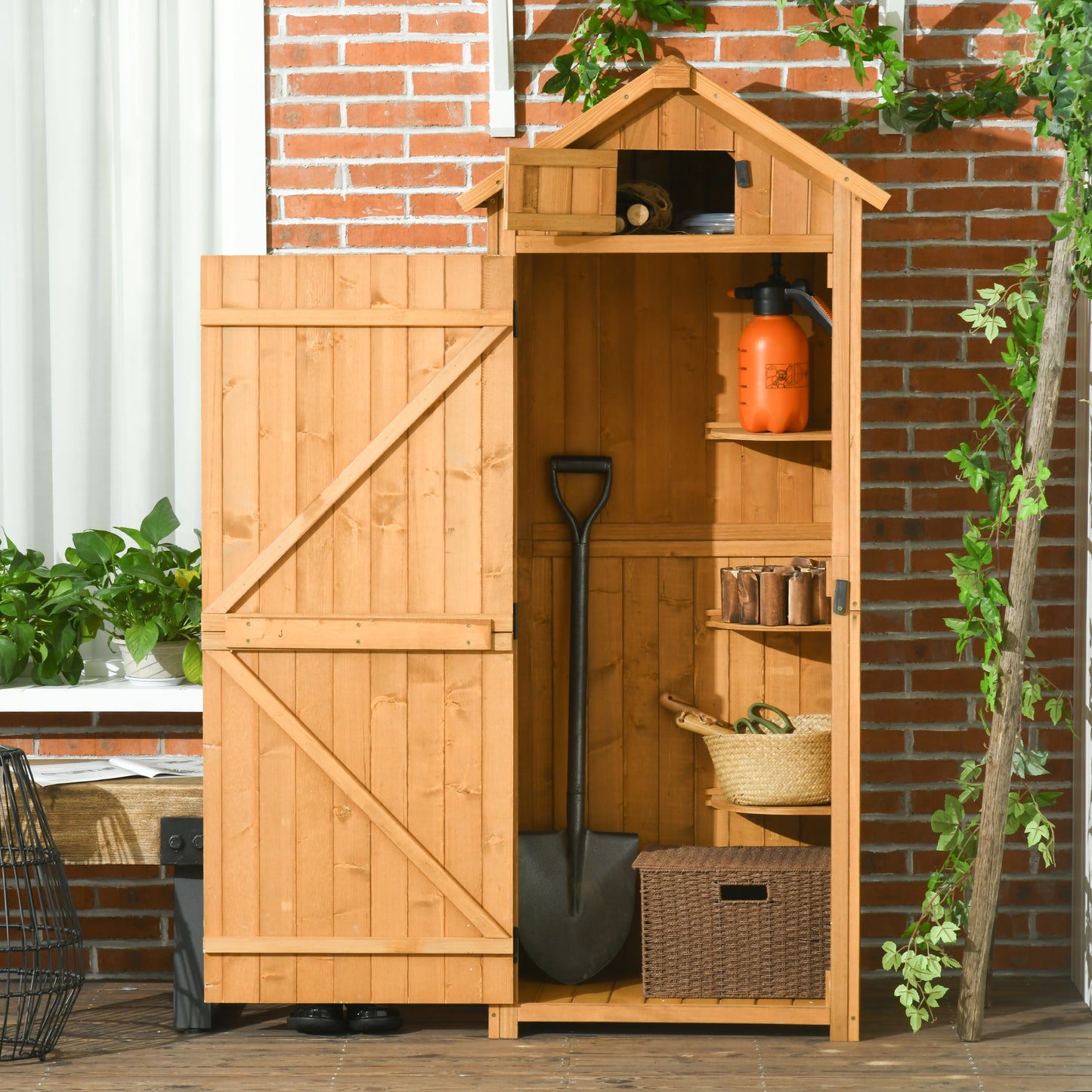 Garden Storage Shed 3 Utility Shelf Tool House W/ Asphalt Roof Lockabke Door