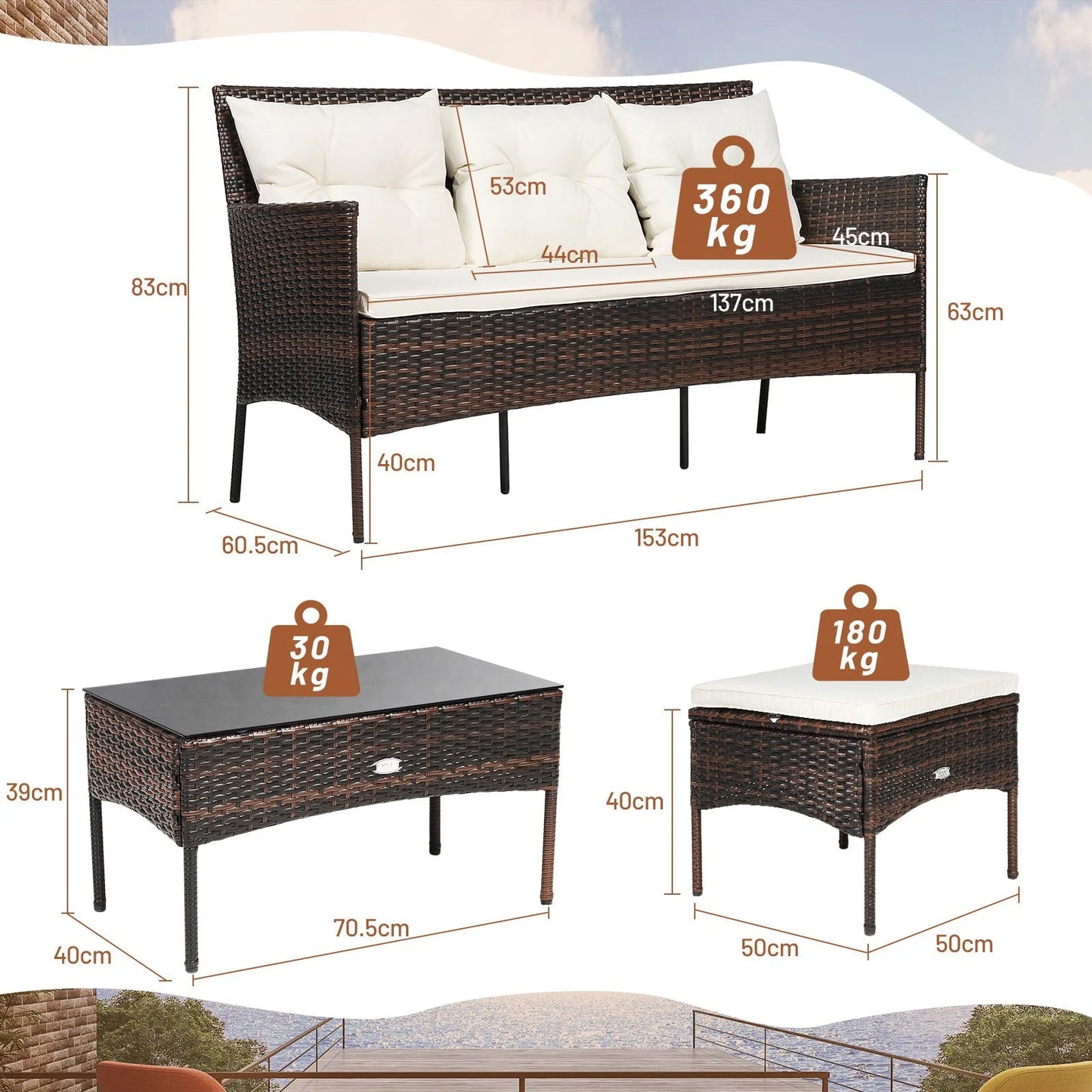 4 Seater Rattan Garden Furniture Set with Cushioned Sofa