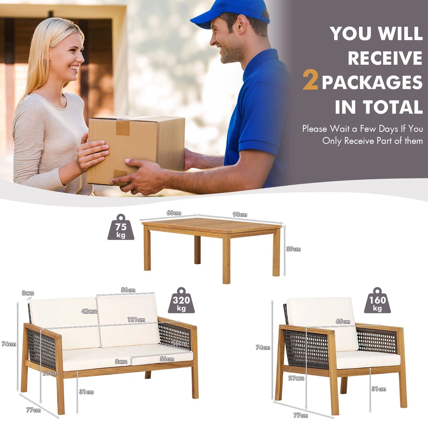 4-Piece Patio Acacia Wood Furniture Set with Removable Cushions