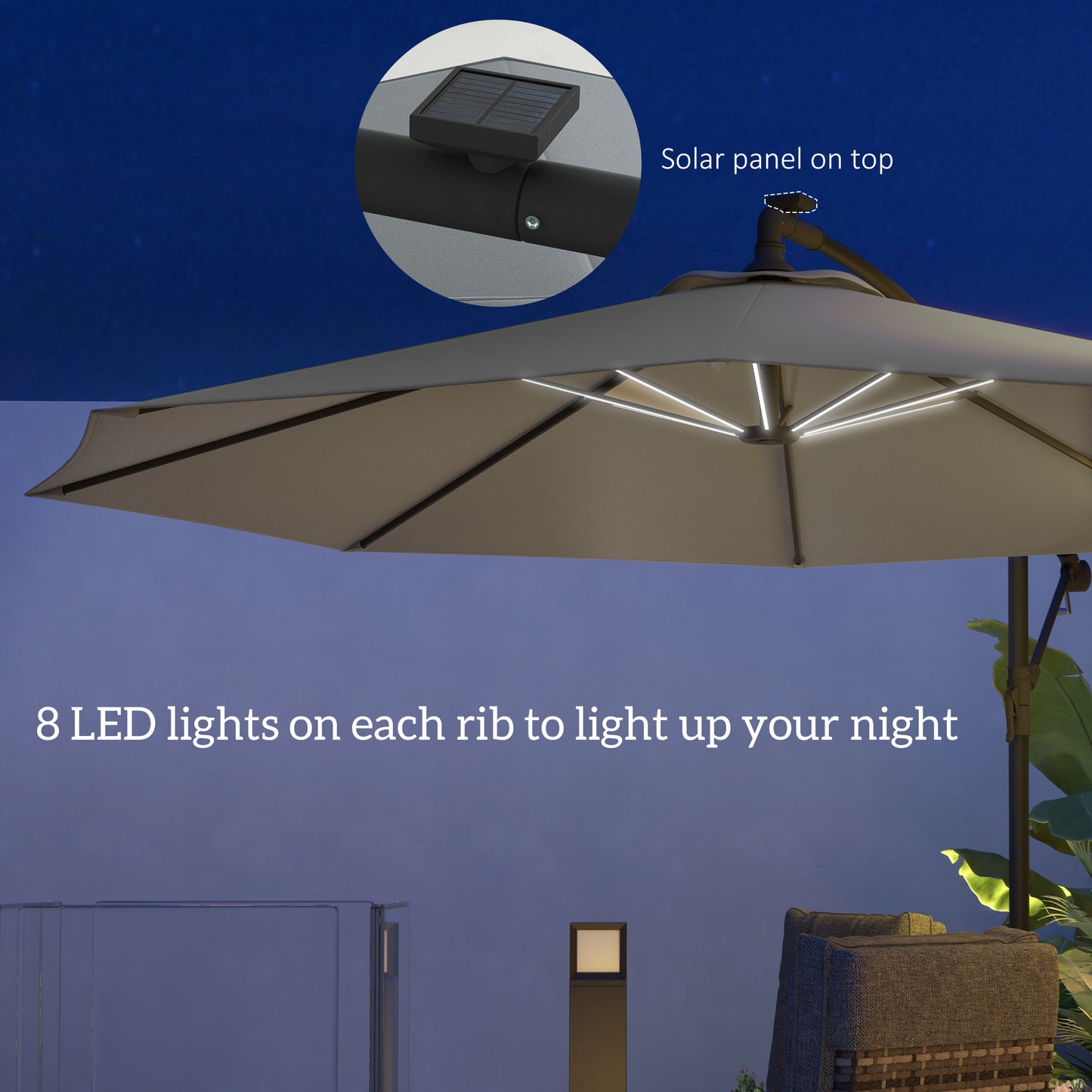 3(M) LED Patio Banana Umbrella Cantilever Parasol W/ Solar Lights Crank Handle