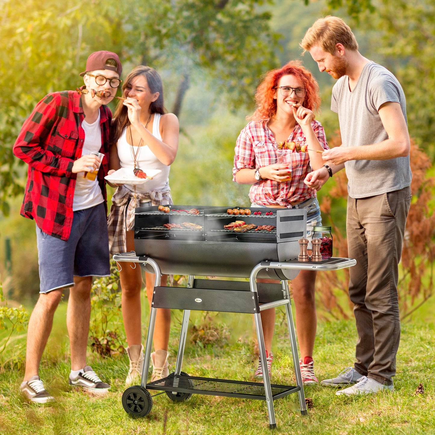 Charcoal Barbecue Grill Trolley with Double Grill, Side Table and Storage Shelf