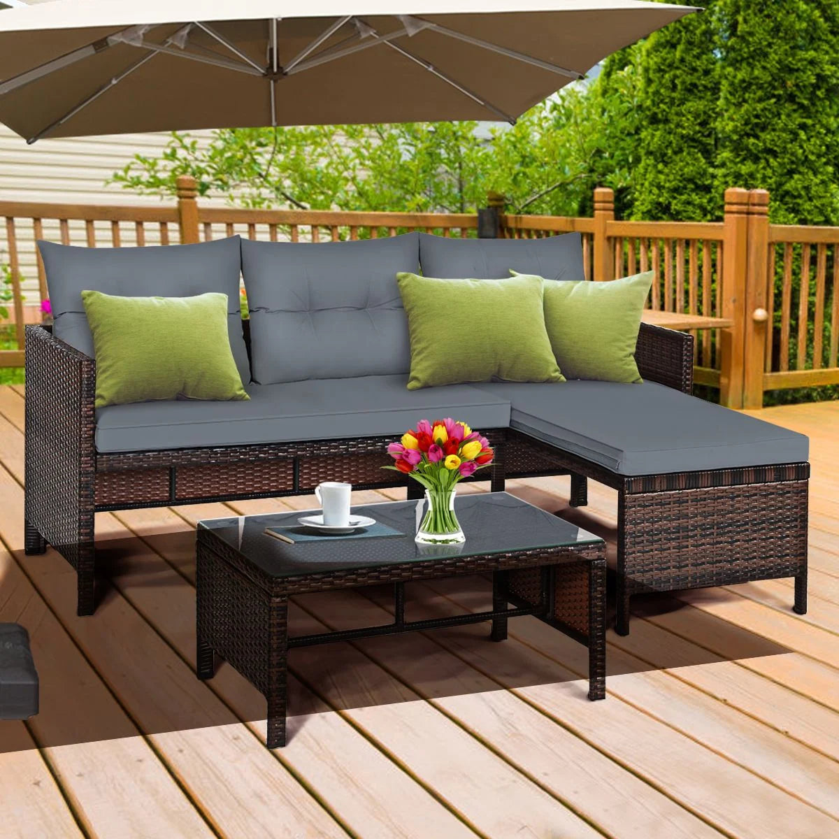3 Pieces Patio Conversation Bistro Set with Washable Couch Cushion