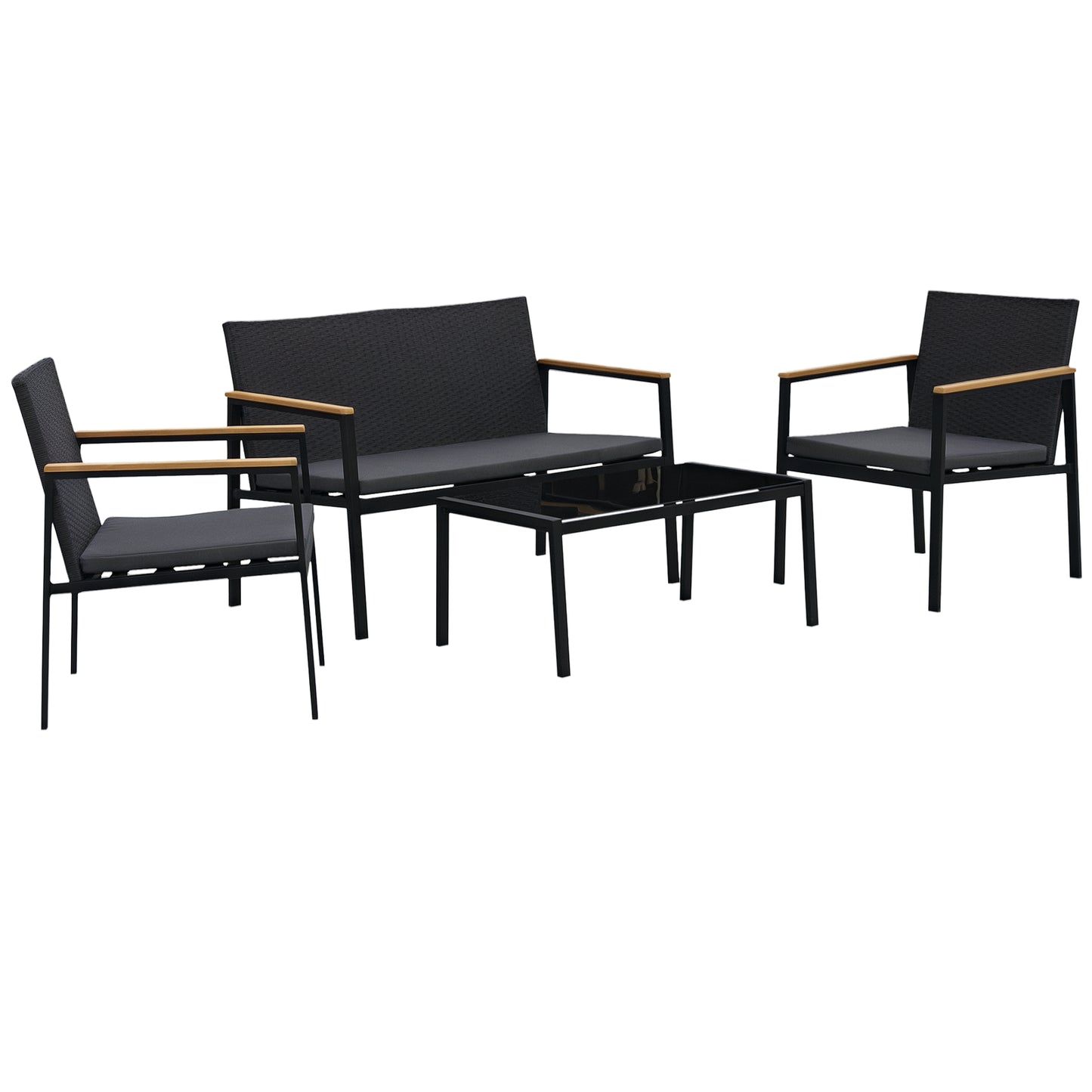 4 Pcs PE Rattan Furniture Set W/ 3 Cushioned Chairs Glass Tabletop Table, Black
