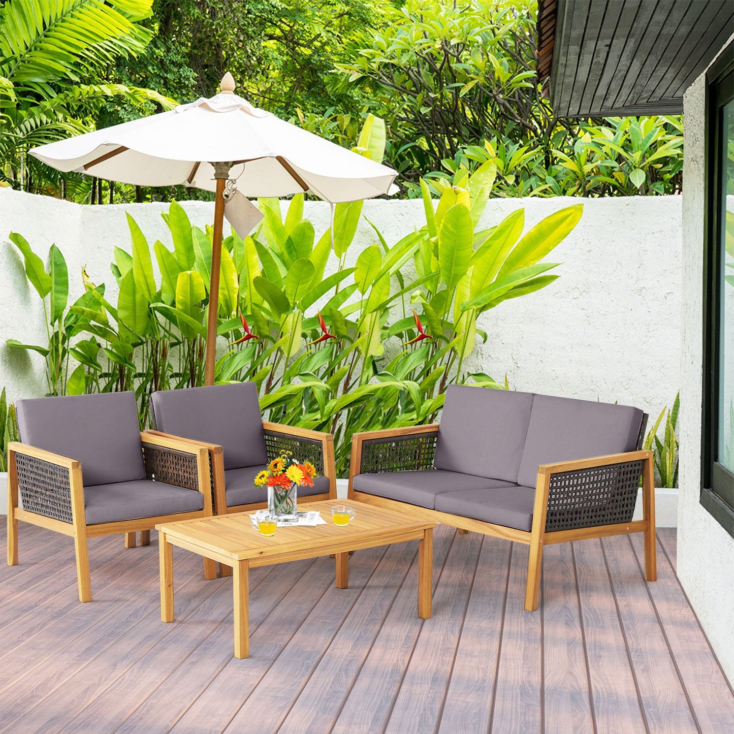 4-Piece Patio Acacia Wood Furniture Set with Removable Cushions