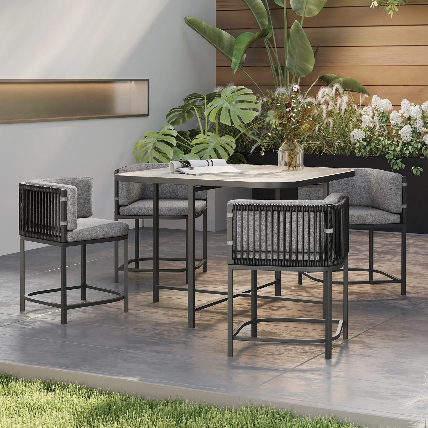 4 Seater Rattan Dining Set with Cushions, Charcoal Grey