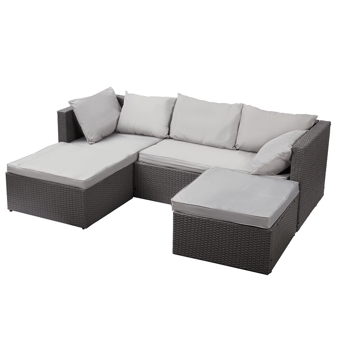 Nustone Garden Rattan Patio 3 Seat Sofa Set with Chaise Lounger and Footrest