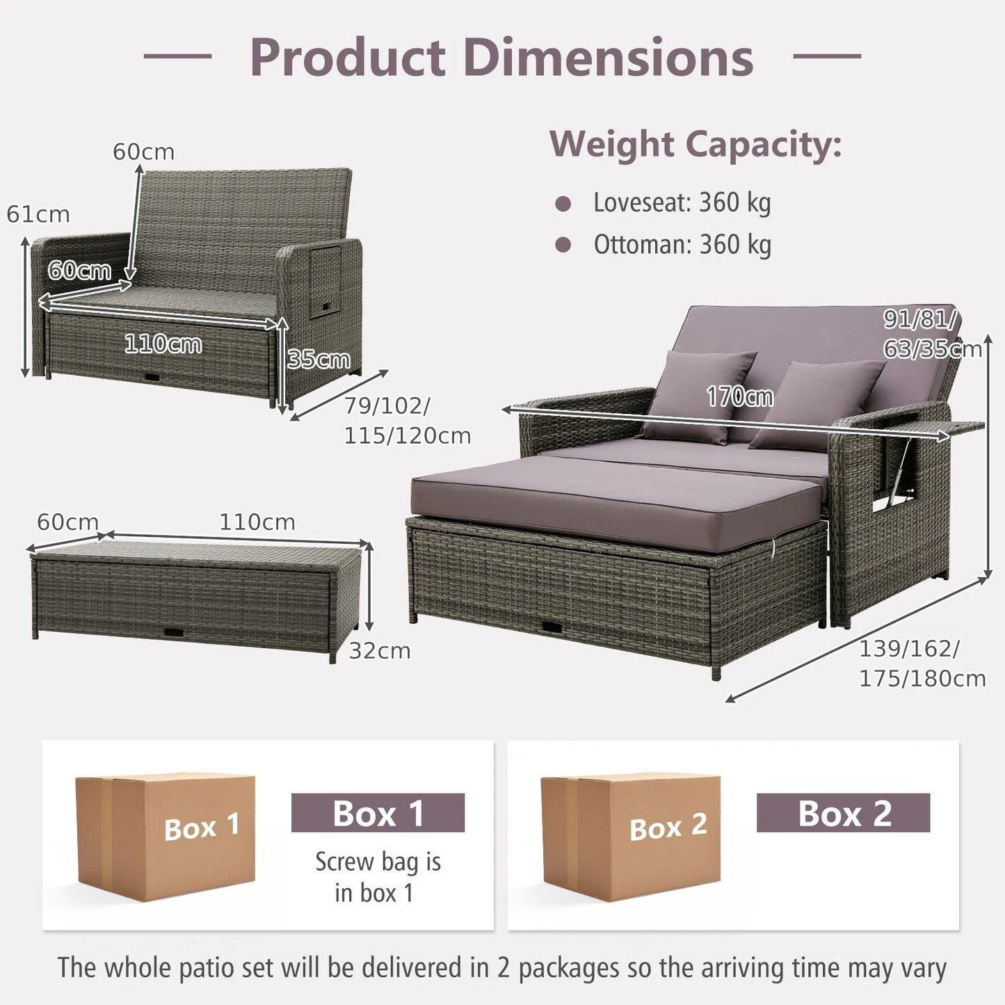 Patio Rattan Daybed Set with Multipurpose Ottoman and Retractable Side Tray