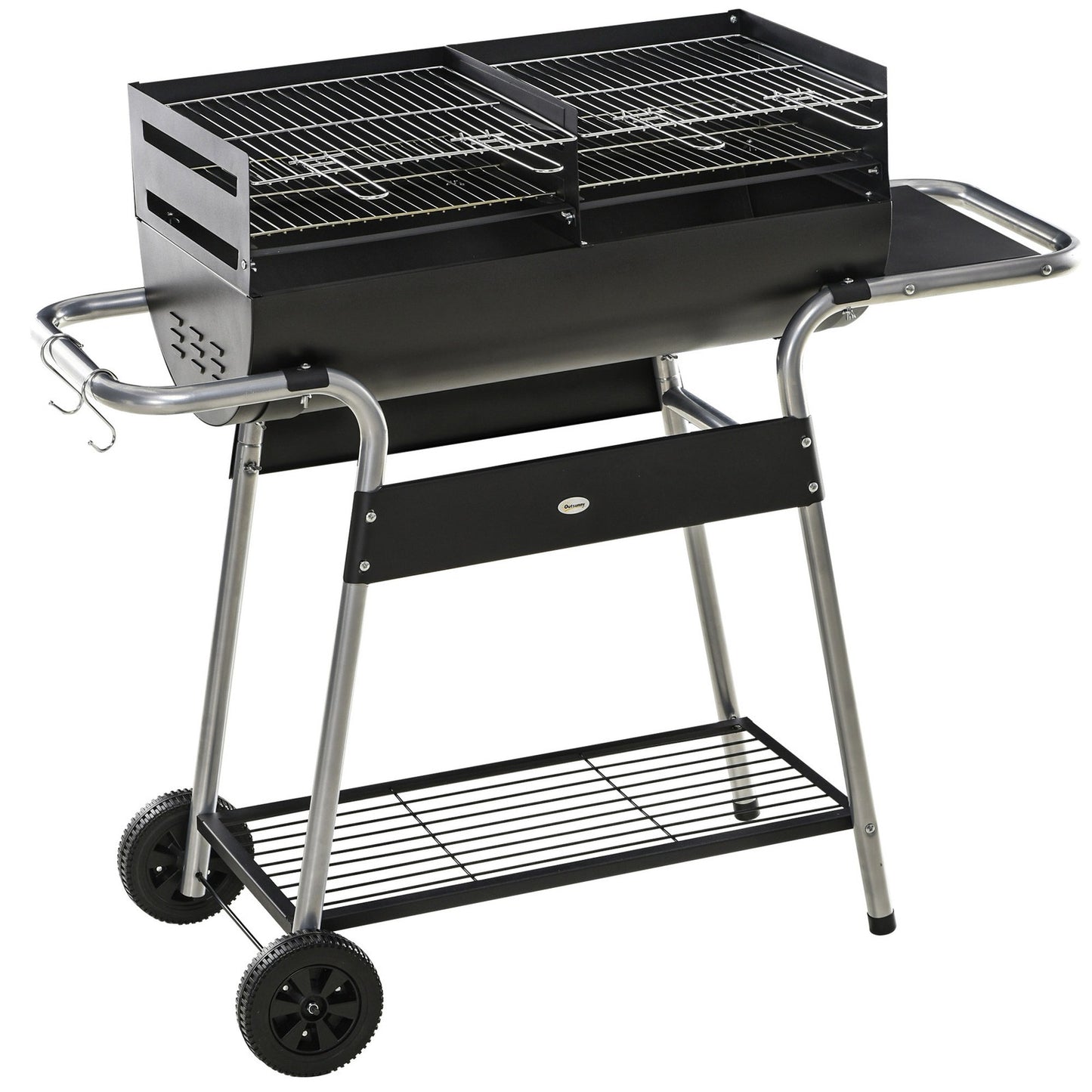 Charcoal Barbecue Grill Trolley with Double Grill, Side Table and Storage Shelf