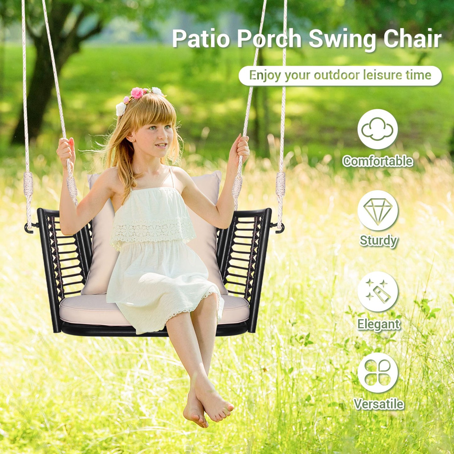 Patio Hanging Rattan Basket Chair Swing Hammock Chair with Cushions