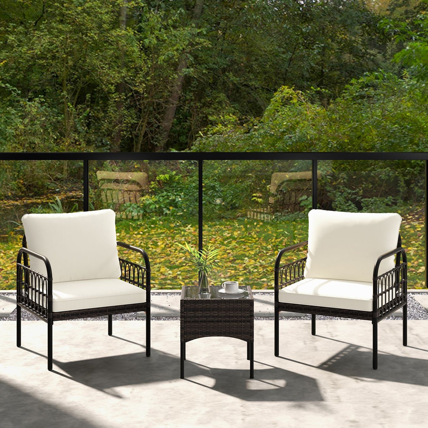 3 Pieces Patio Wicker Furniture Set with Cushioned Chairs and Tempered Glass Coffee Table