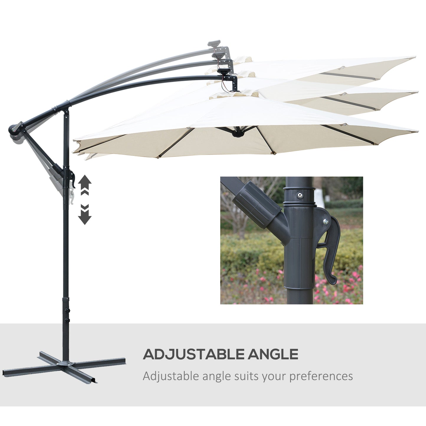 3(M) LED Patio Banana Umbrella Cantilever Parasol W/ Solar Lights Crank Handle