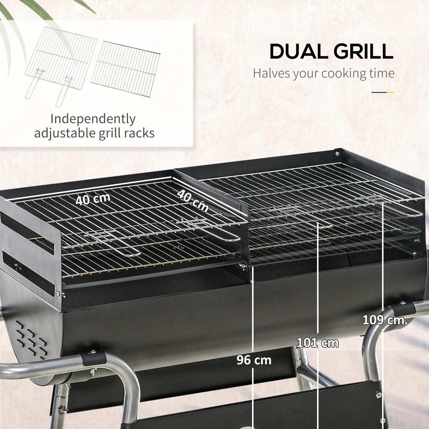 Charcoal Barbecue Grill Trolley with Double Grill, Side Table and Storage Shelf