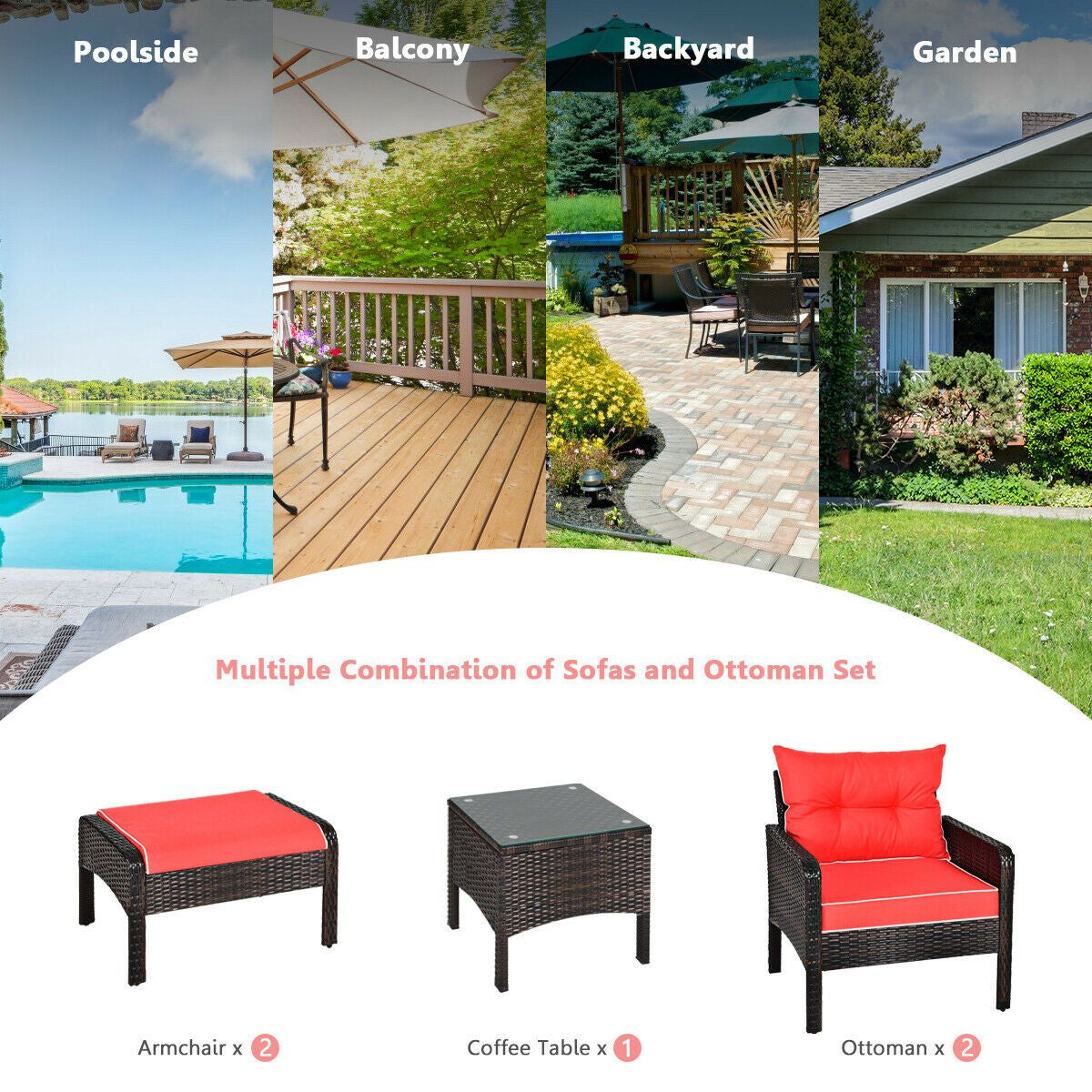 5 Piece Rattan Wicker Lounge Set with Cushion