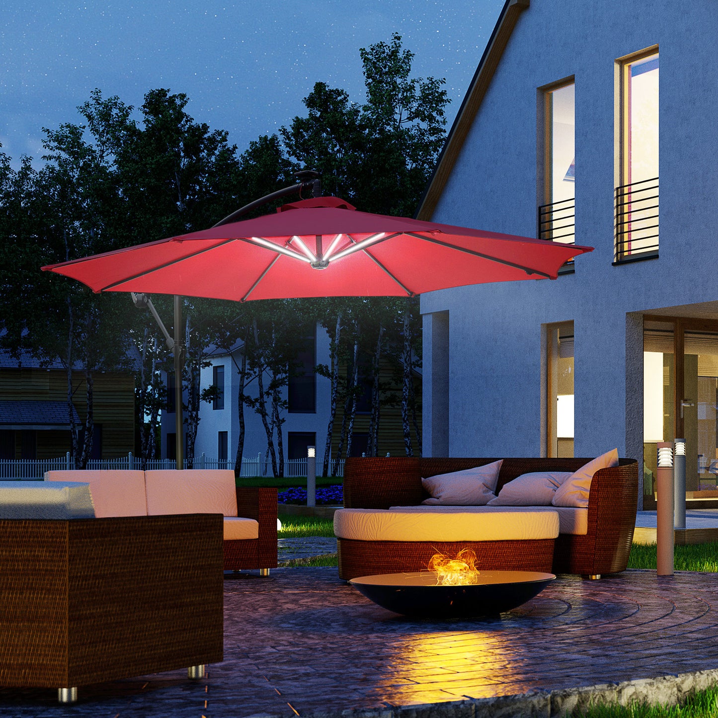 3(M) LED Patio Banana Umbrella Cantilever Parasol W/ Solar Lights Crank Handle