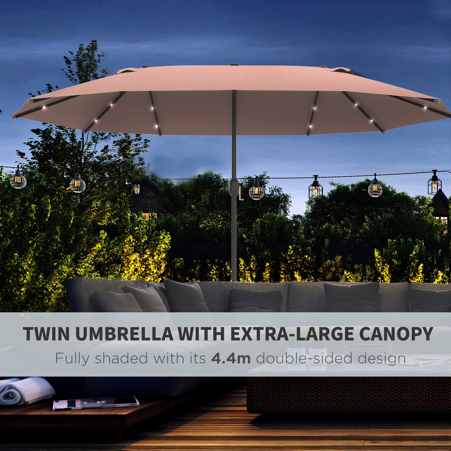 4.4M Double-Sided Sun Umbrella Patio Parasol with LED Solar Lights for Garden
