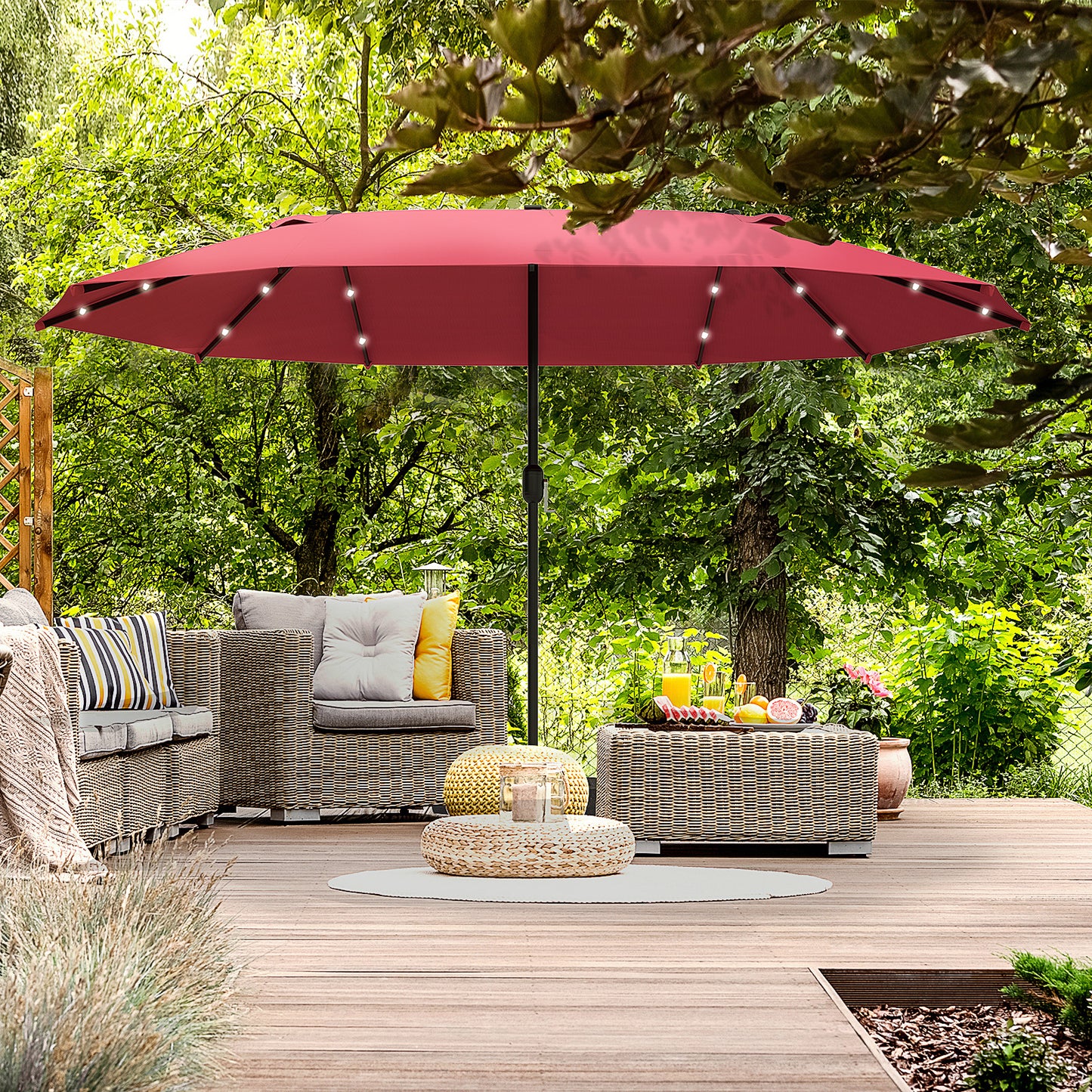 4.4M Double-Sided Sun Umbrella Patio Parasol with LED Solar Lights for Garden