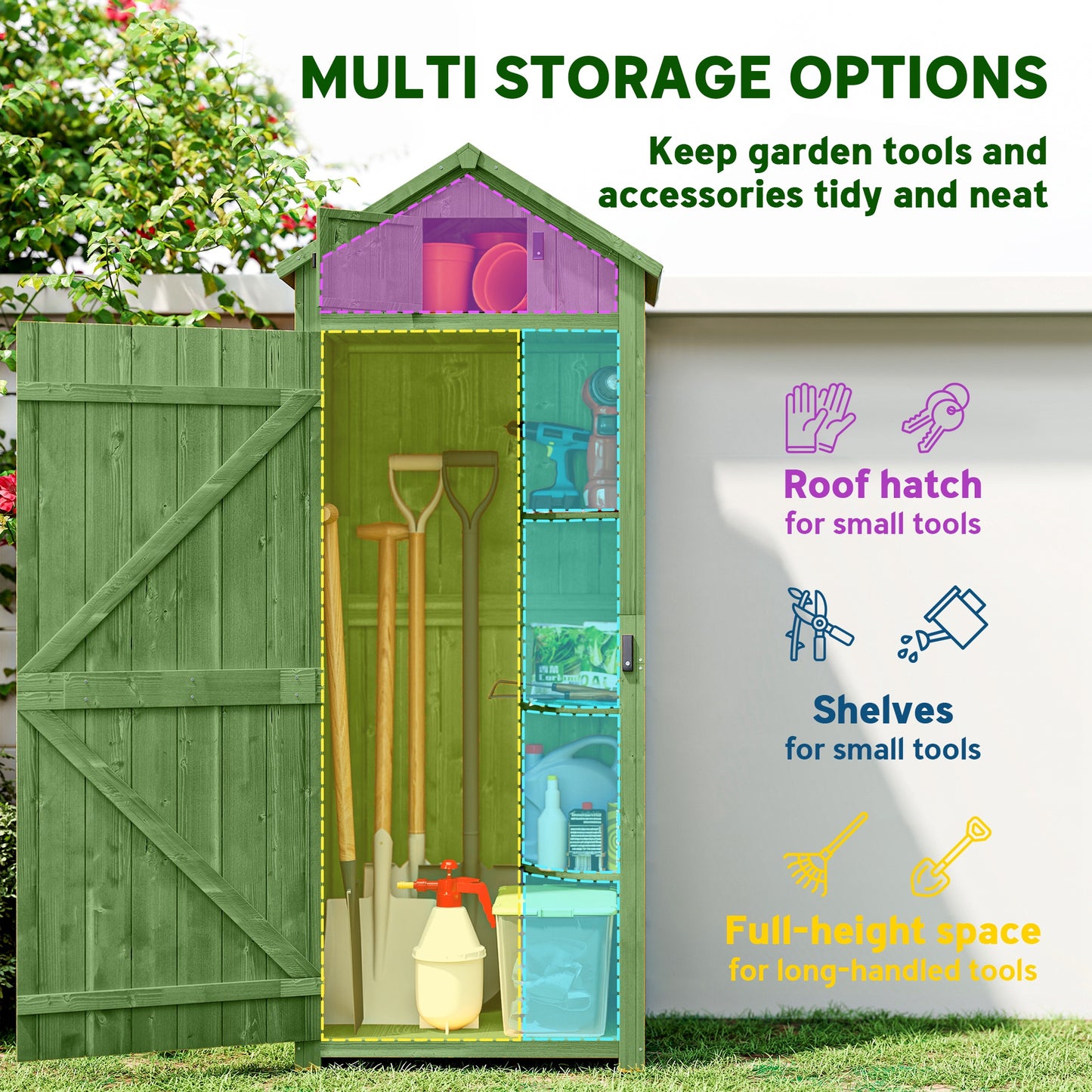 Garden Storage Shed 3 Utility Shelf Tool House W/ Asphalt Roof Lockabke Door