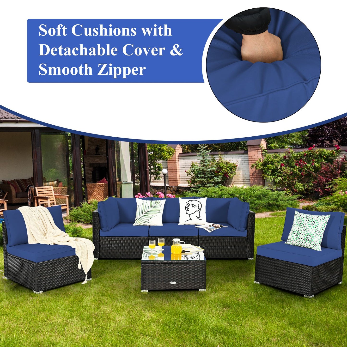 6 Piece Outdoor Rattan Sofa Set with Soft Seat and Back Cushions