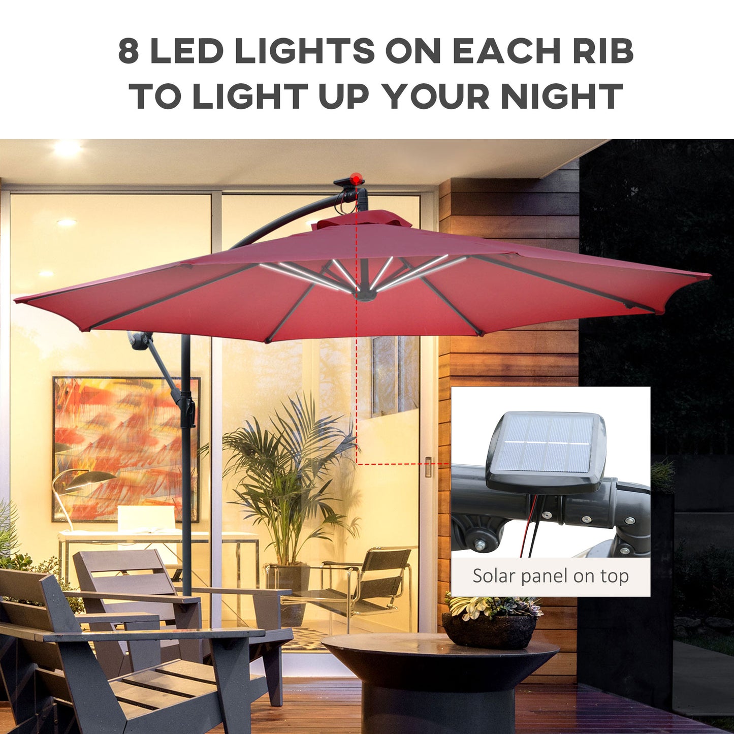 3(M) LED Patio Banana Umbrella Cantilever Parasol W/ Solar Lights Crank Handle