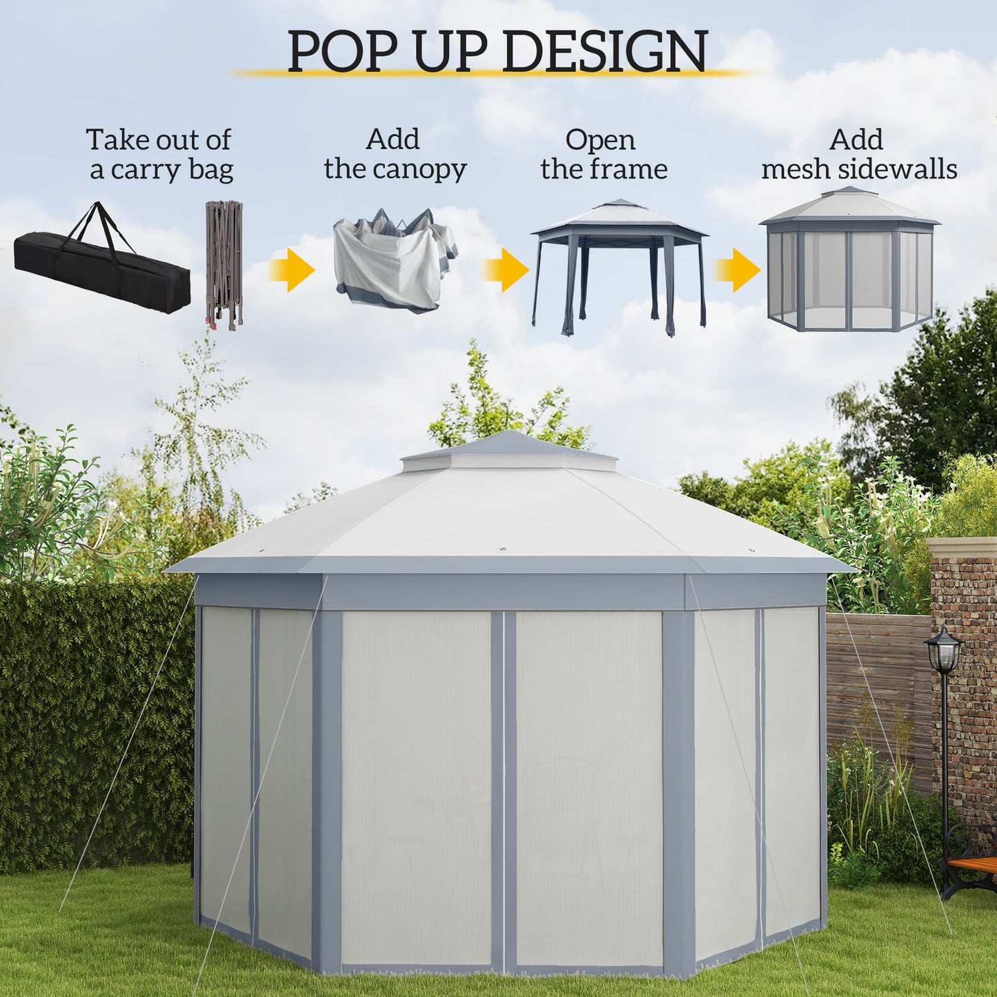 Outsunny 3X4M Hexagon Gazebo W/ Mesh Curtains Outdoor Garden, Grey