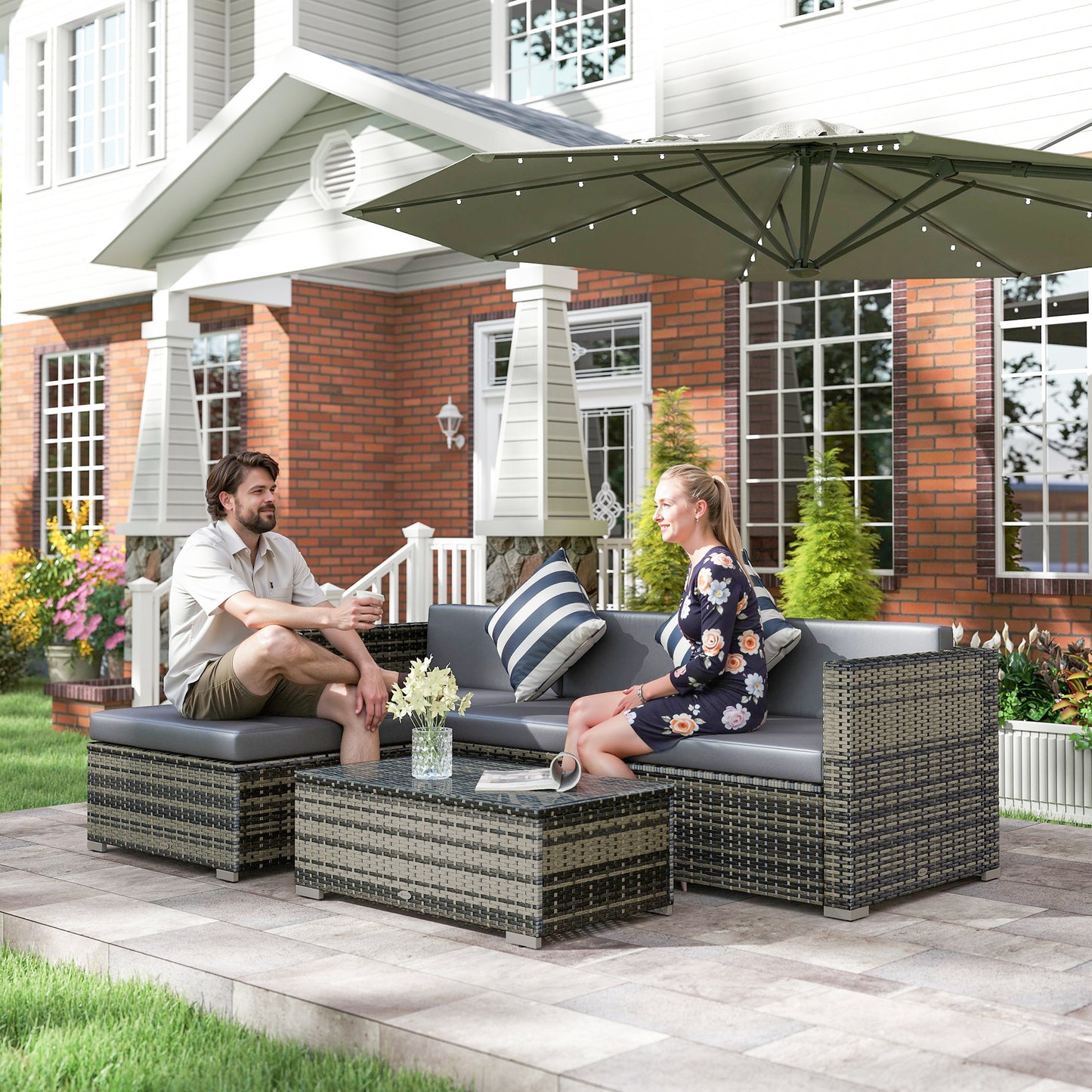5 Pieces Rattan Sofa Set Wicker Sectional Furniture Cushion Black Brown Grey