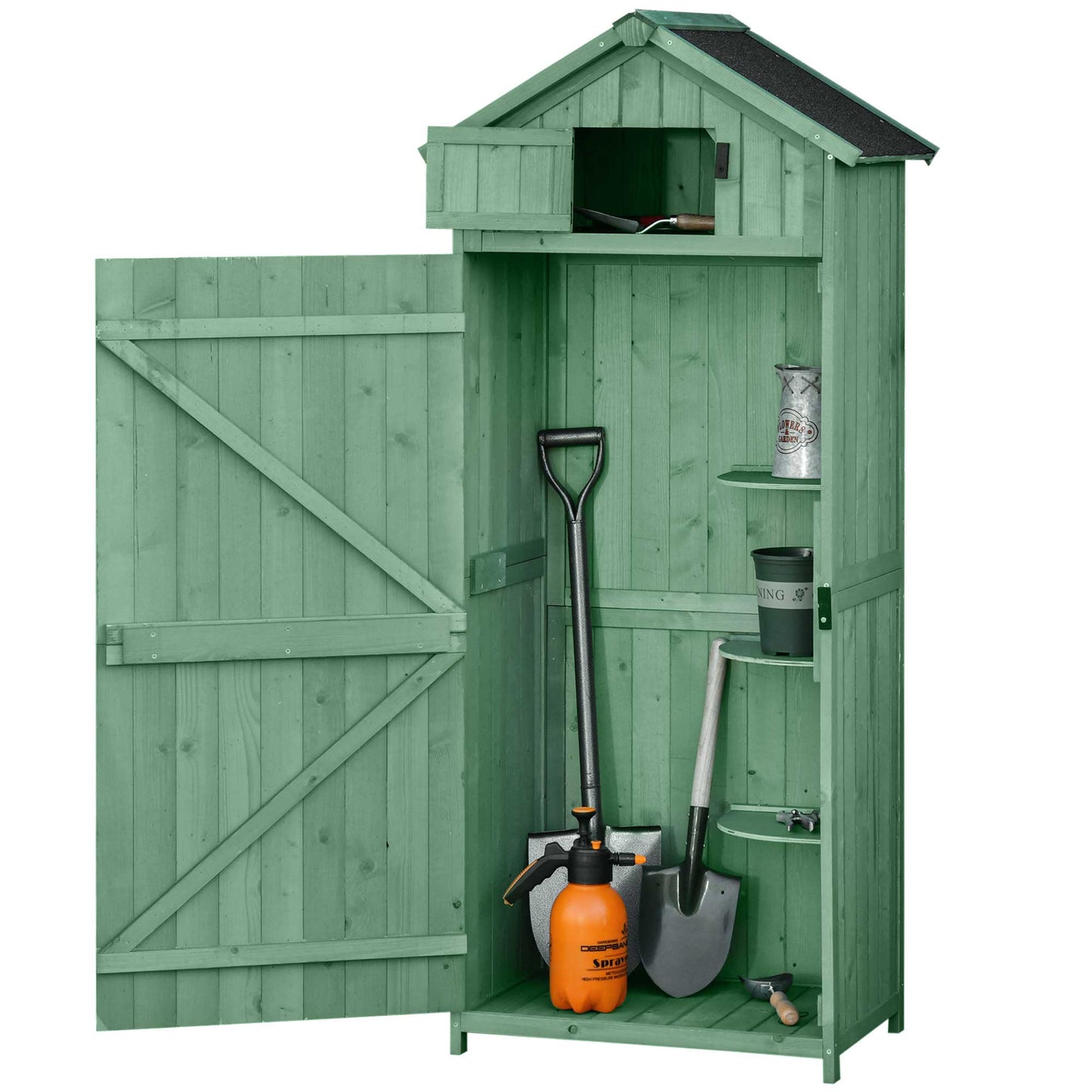 Garden Storage Shed 3 Utility Shelf Tool House W/ Asphalt Roof Lockabke Door