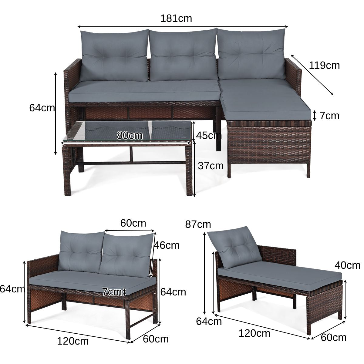 3 Pieces Patio Conversation Bistro Set with Washable Couch Cushion