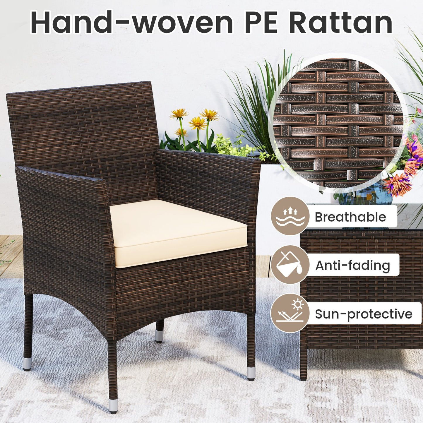 3 Pieces Patio Rattan Furniture Set with Soft Cushions and Glass Top Table
