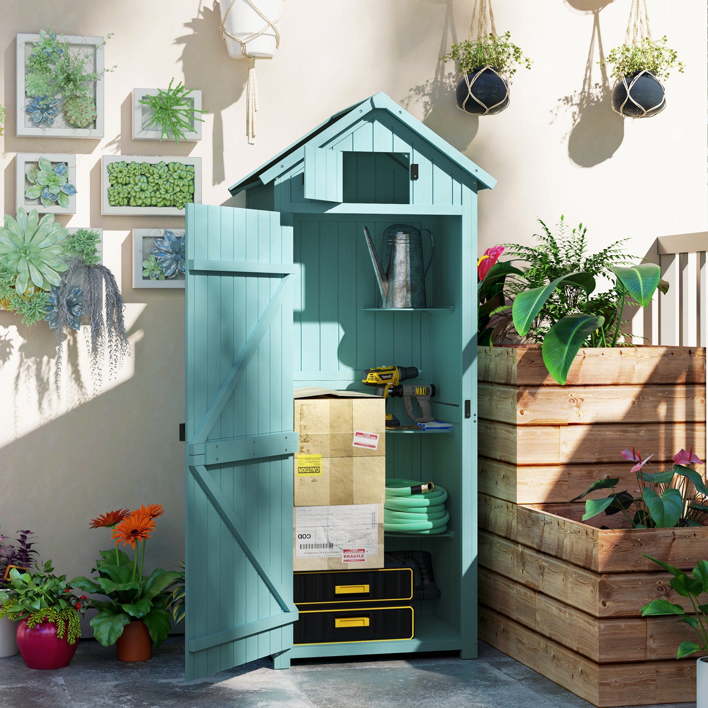 Garden Storage Shed 3 Utility Shelf Tool House W/ Asphalt Roof Lockabke Door