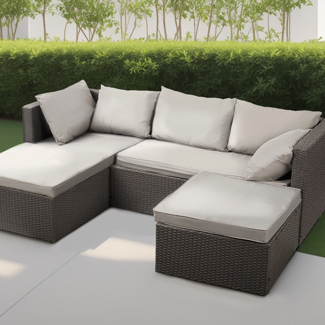 Nustone Garden Rattan Patio 3 Seat Sofa Set with Chaise Lounger and Footrest