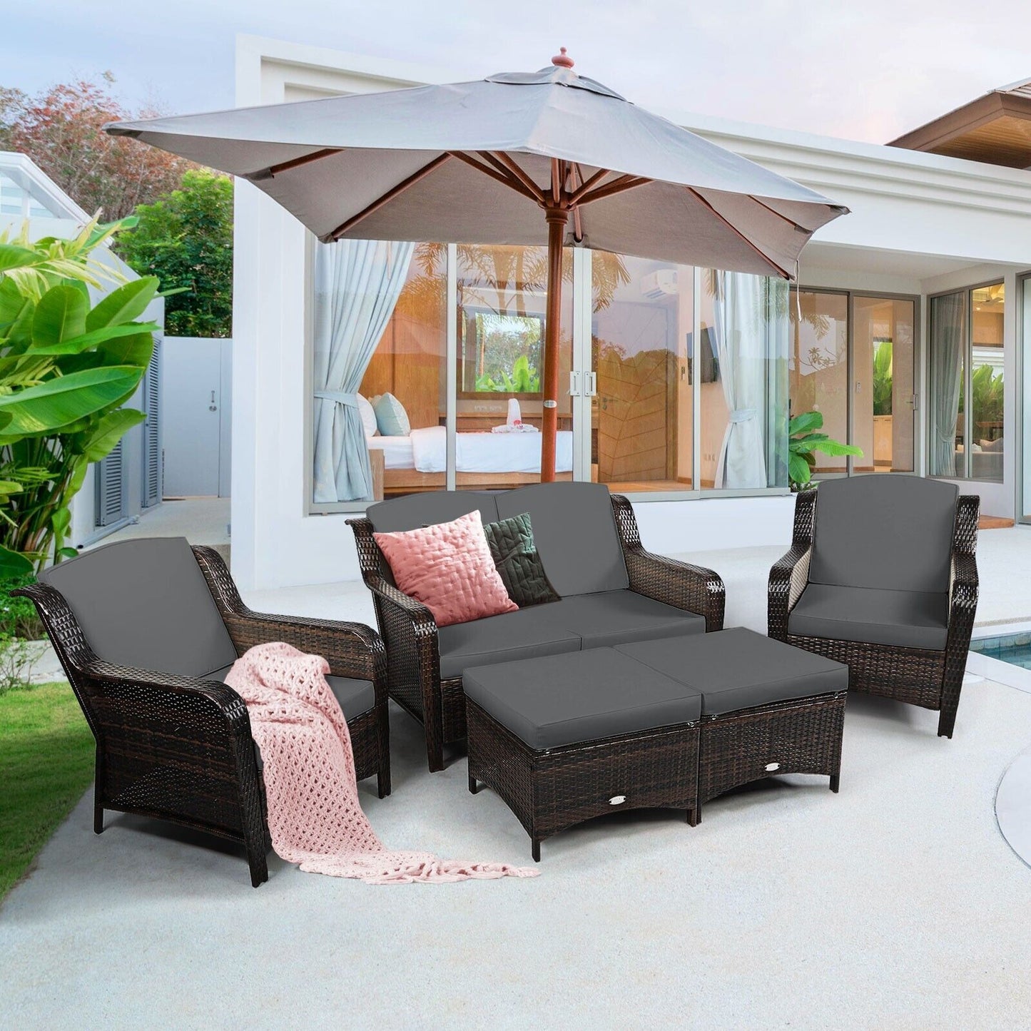 5 PCS Patio Furniture Set Outdoor Rattan Conversation Sofa Set Removable Cushion