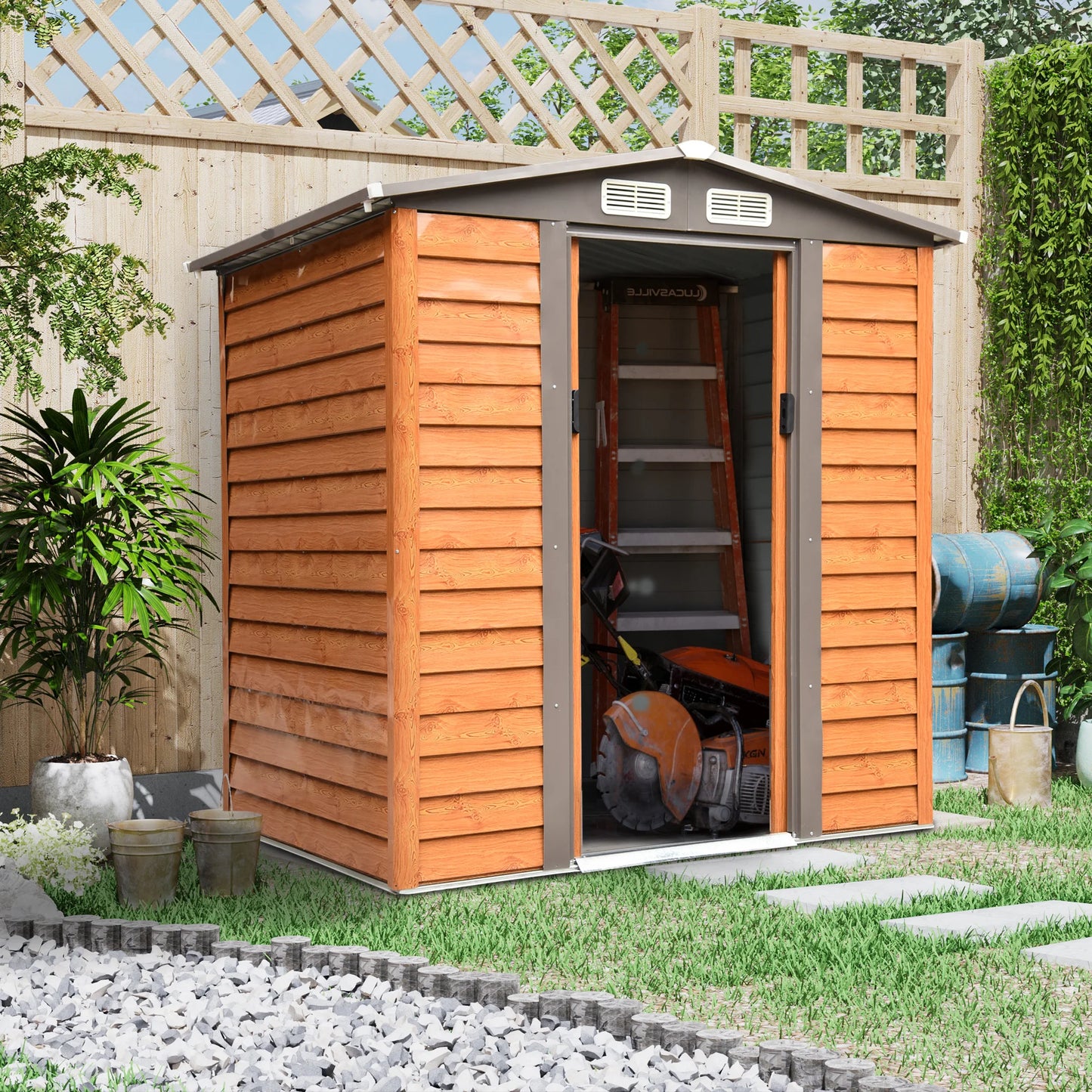 Garden Shed Tool Storage Overlap Construction Sliding Door Brown Wood Grain