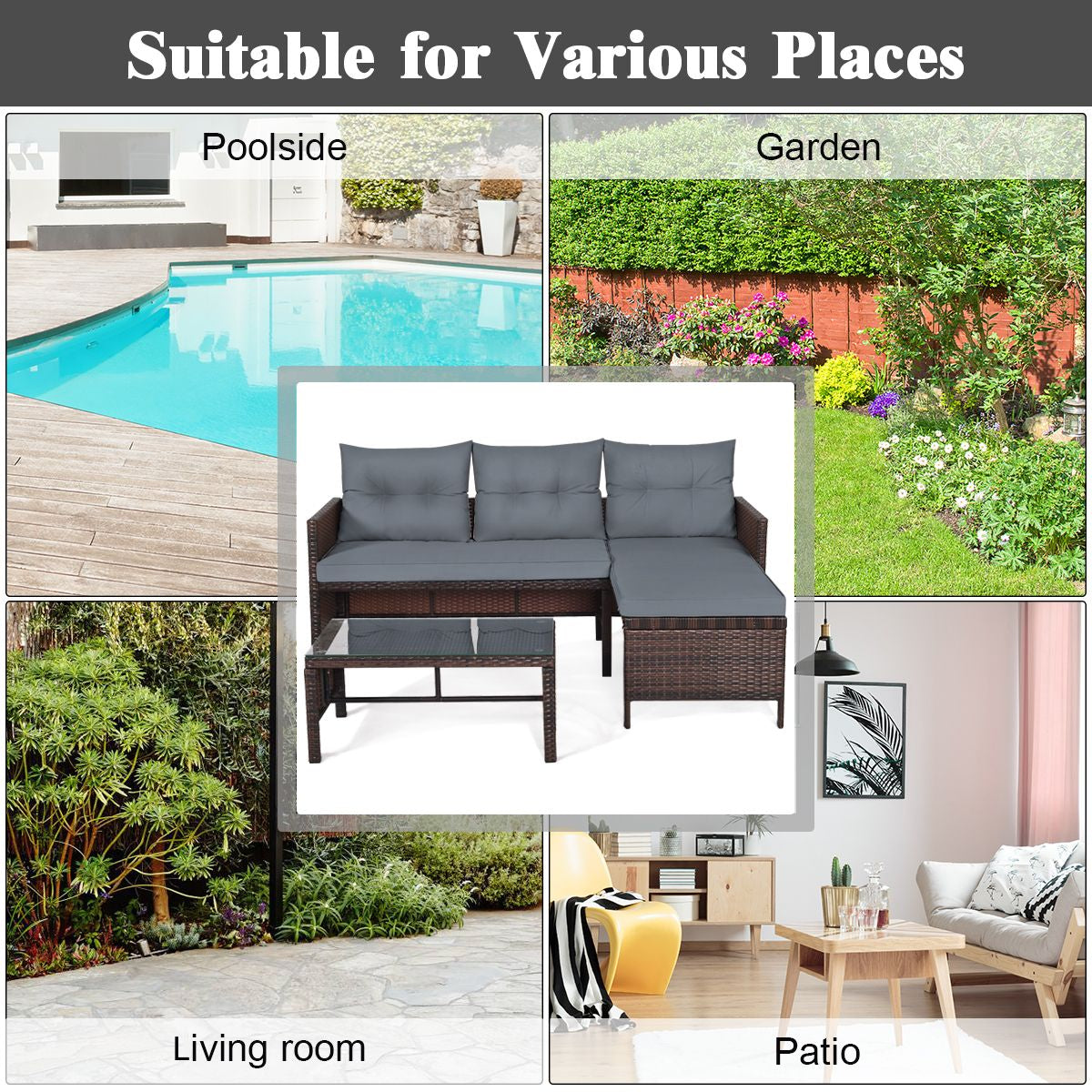 3 Pieces Patio Conversation Bistro Set with Washable Couch Cushion