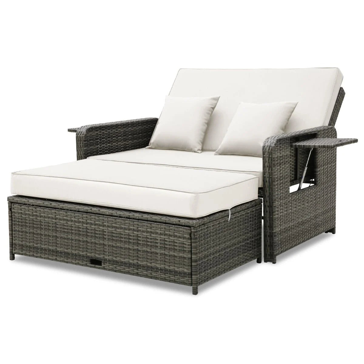 Patio Rattan Daybed Set with Multipurpose Ottoman and Retractable Side Tray