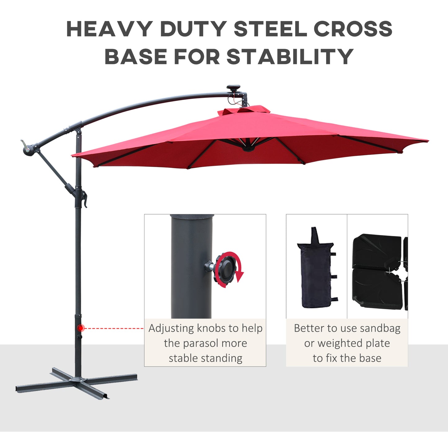 3(M) LED Patio Banana Umbrella Cantilever Parasol W/ Solar Lights Crank Handle