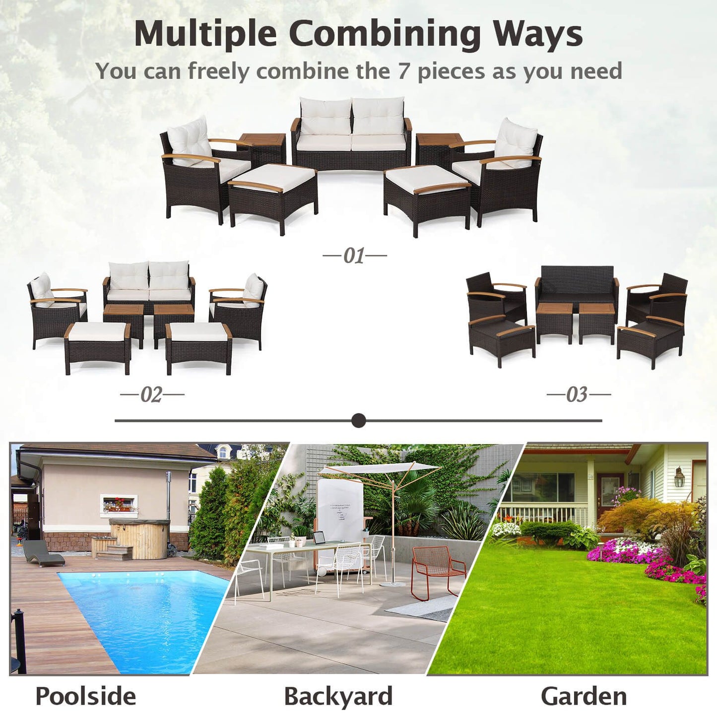 7 Piece Patio Rattan Sofa Set Outdoor with Cushions and Ottomans