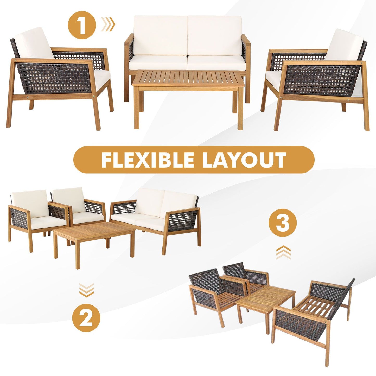 4-Piece Patio Acacia Wood Furniture Set with Removable Cushions